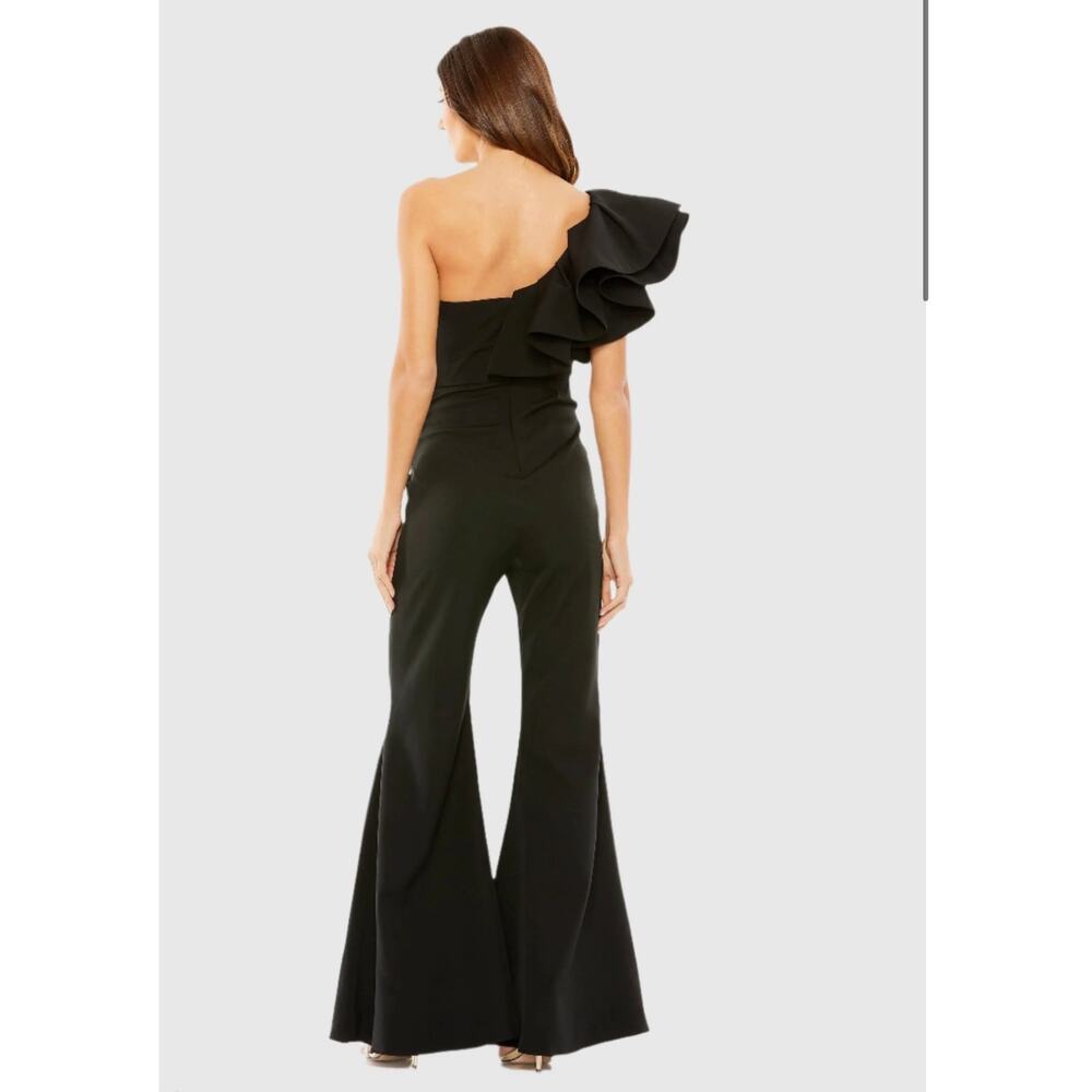Mac Duggal Black One Shoulder Ruffle Detail Flare Pant Jumpsuit - Picture 2 of 6